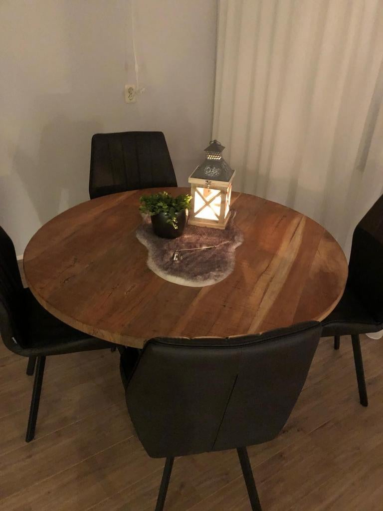 Ronde eettafel van massief mango hout met metalen onderstel, Huis en Inrichting, Tafels | Eettafels, Overige houtsoorten, Rond