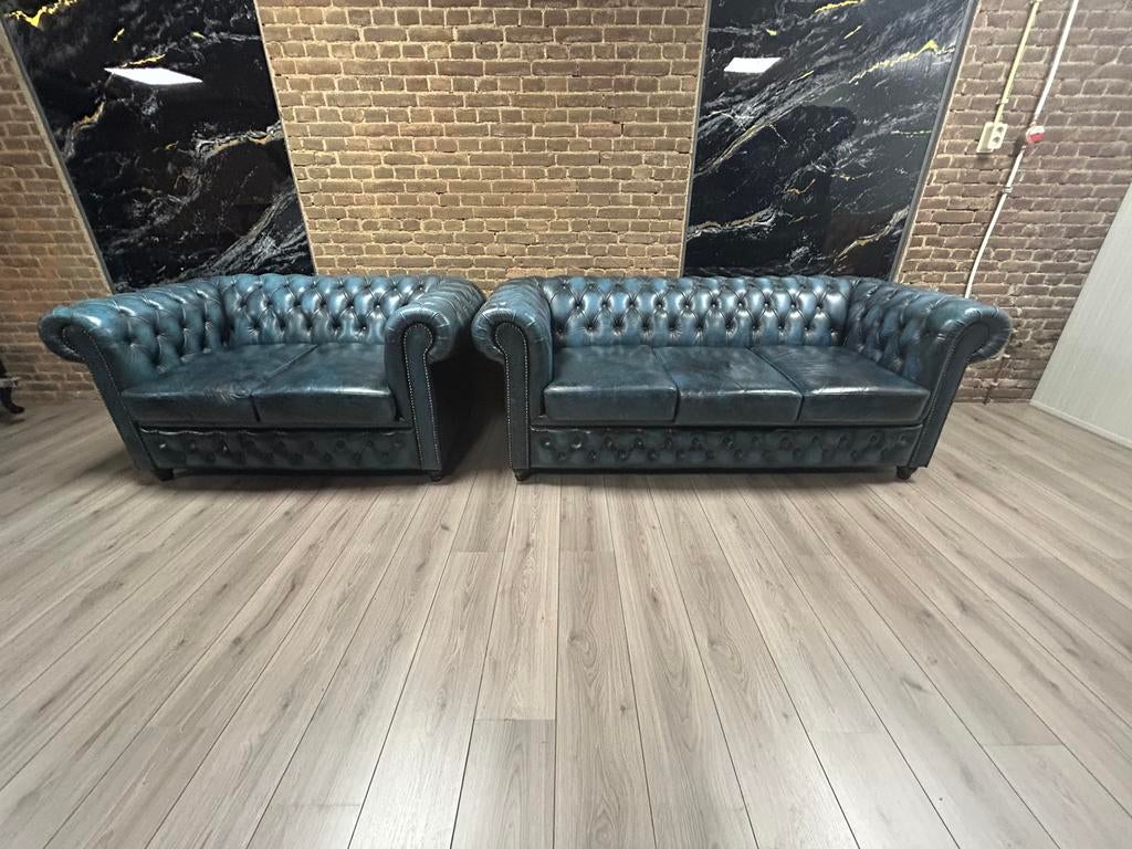 Chesterfield Lederen Set 3 + 2 Zits !!!!  🇬🇧, Huis en Inrichting, Ophalen of Verzenden, Zo goed als nieuw, 75 tot 100 cm
