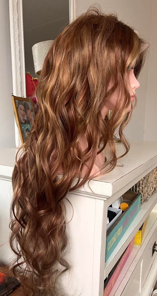 New Lace wig warm red with highlights, 100% real hair, 90 cm, Ophalen of Verzenden, Zo goed als nieuw, Pruik of Haarverlenging