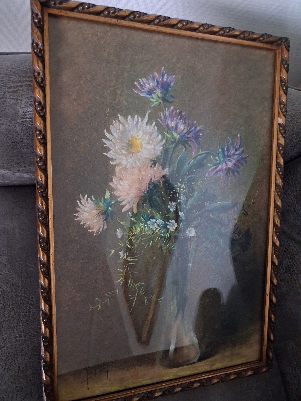 Vintage stilleven bloemen in vaas, ingelijst, Bloemen, Achter glas, Ophalen of Verzenden, Tekening