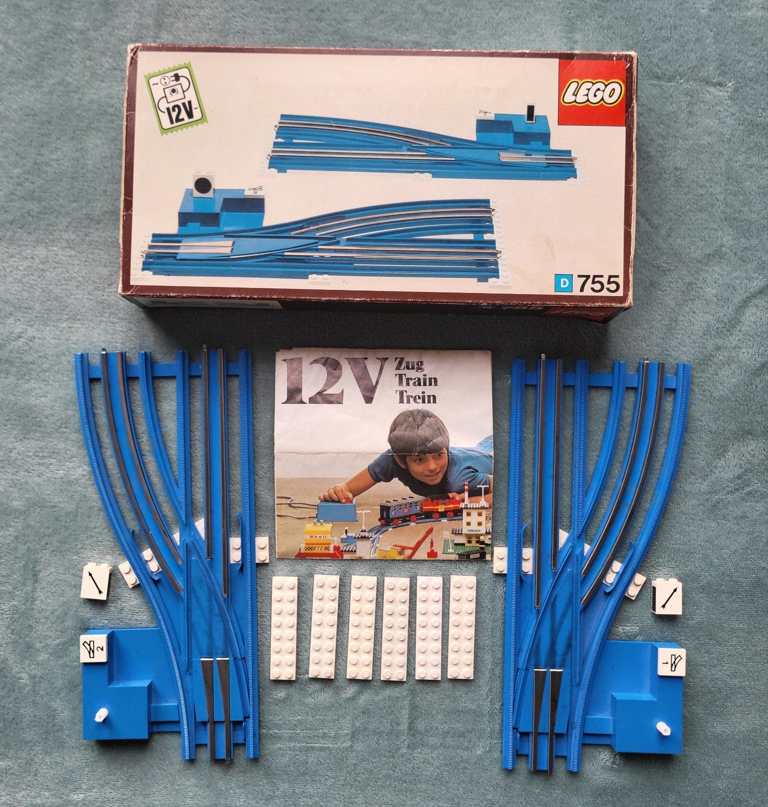 Lego trein 12 Volt blauwe rails wissels (set 755) + doos., Compleet, Gebruikt, Lego, Ophalen of Verzenden