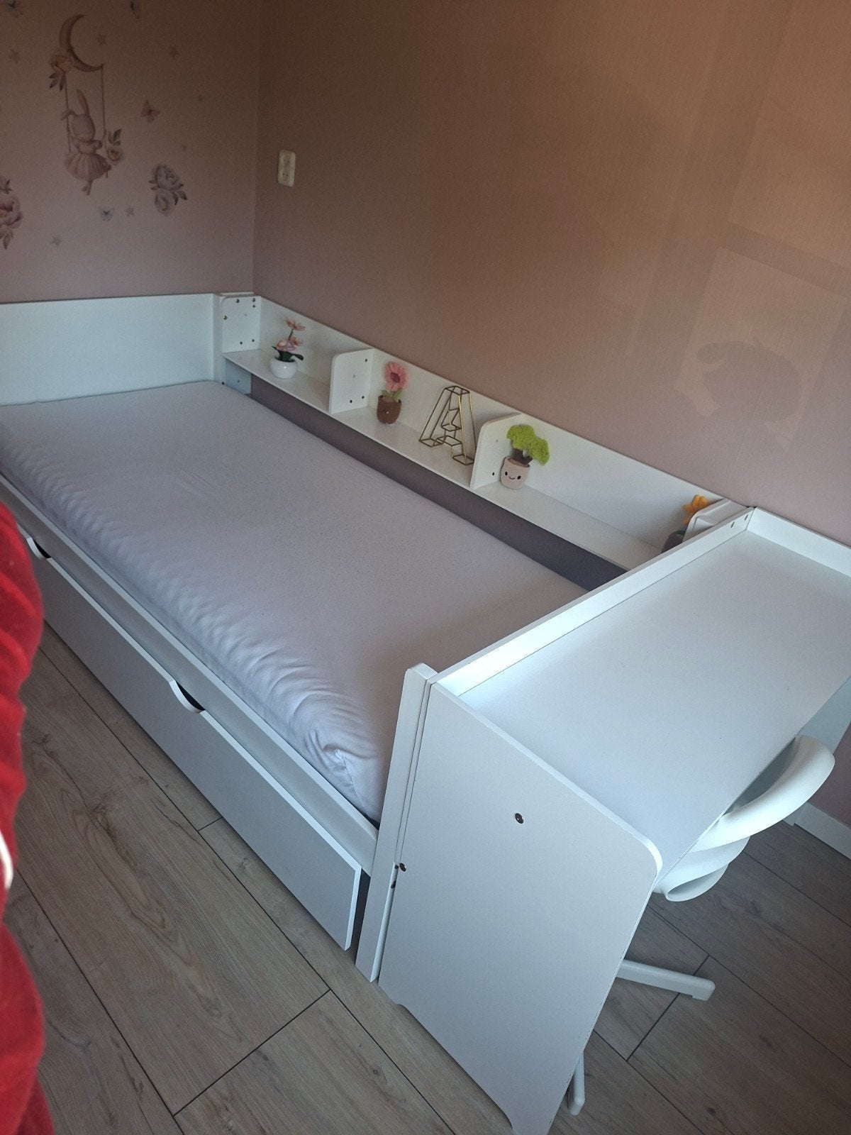 Prachtig wit eenpersoonsbed met uitschuifbaar bed en bureau, Ophalen, Verstelbaar, 90 cm, Eenpersoons