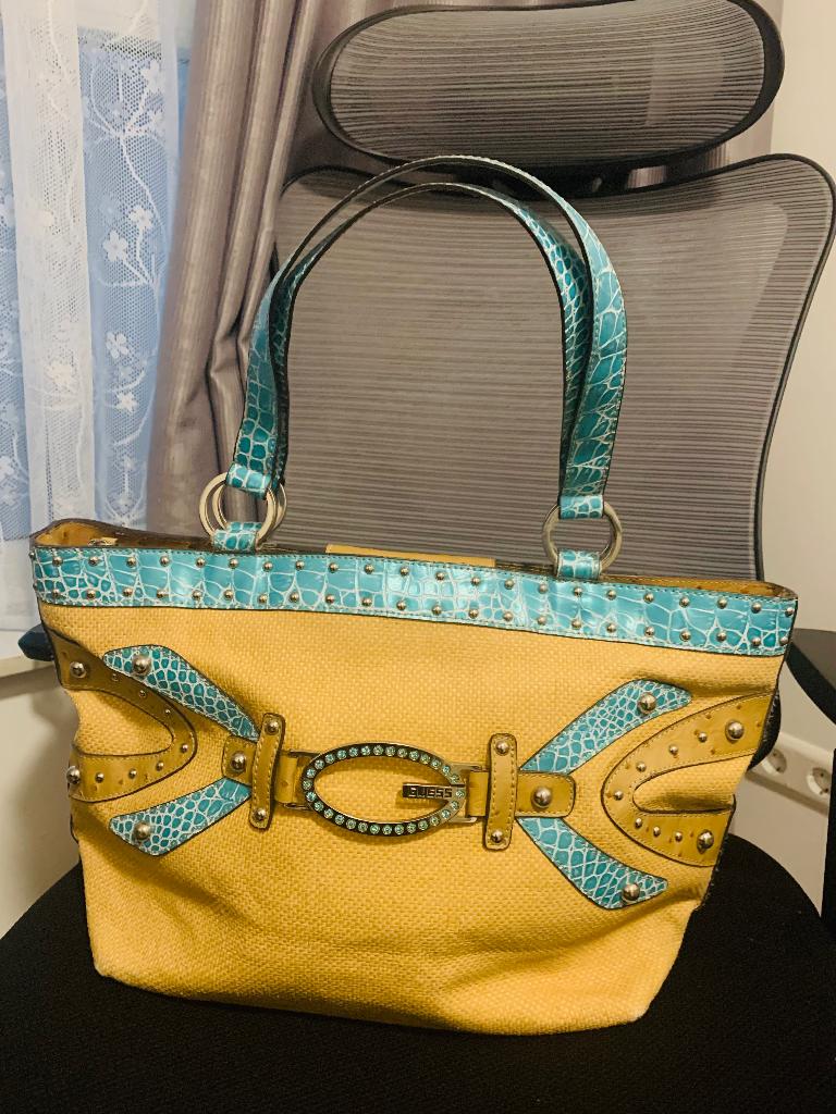 RARE Vintage Guess Y2K Tote - Turquoise Croc & Straw - MINT, Ophalen, Zo goed als nieuw, Overige kleuren, Handtas