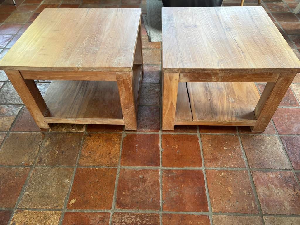 Set van 2 teakhouten tafeltjes l60xb60xh45cm, Huis en Inrichting, Tafels | Bijzettafels, Vierkant, 55 tot 75 cm, Zo goed als nieuw