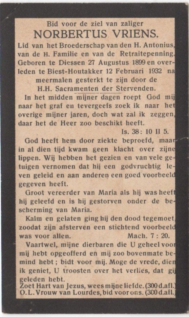Norbertus Vriens 1899 Diessen + 1932 Biest-Houtakker, 32 jr, Ophalen of Verzenden