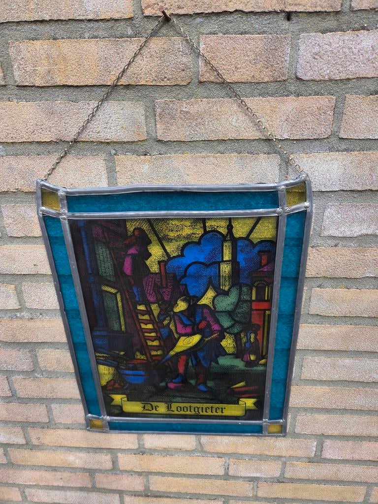 Gebrandschilderd glas in lood de loodgieter, Antiek en Kunst, Ophalen of Verzenden