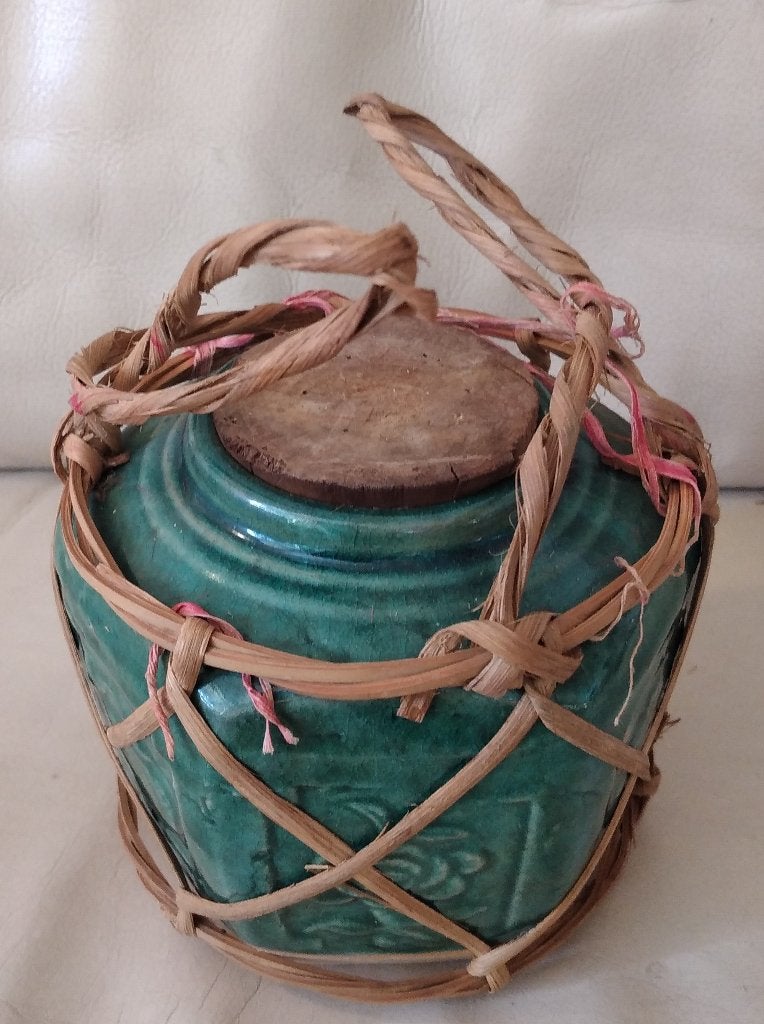 Oude gemberpot met raffia en stop, Ophalen of Verzenden