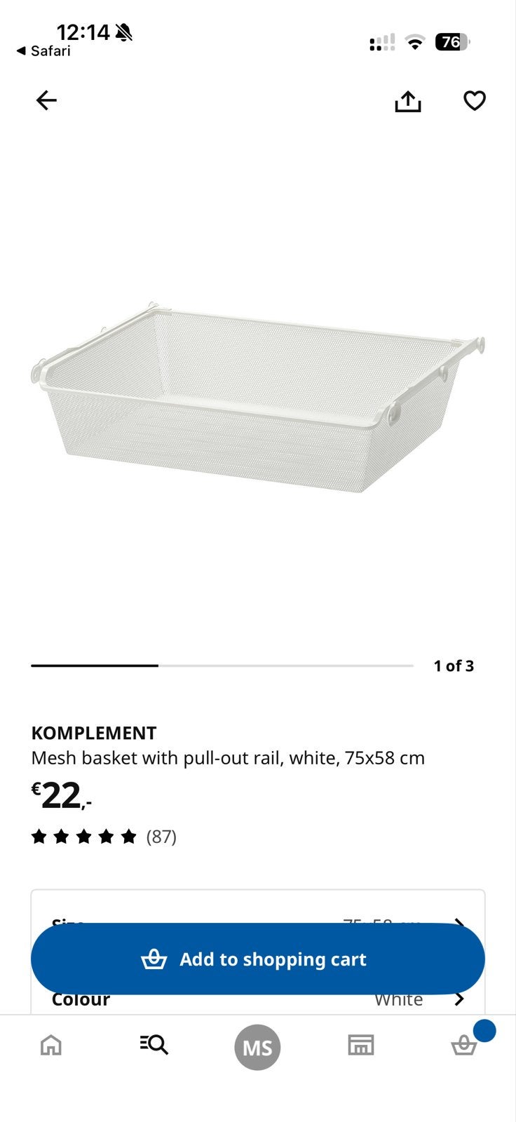 IKEA KOMPLEMENT Gaaslade Wit, 75x58 cm, Ophalen, Met plank(en), 50 tot 100 cm, Zo goed als nieuw