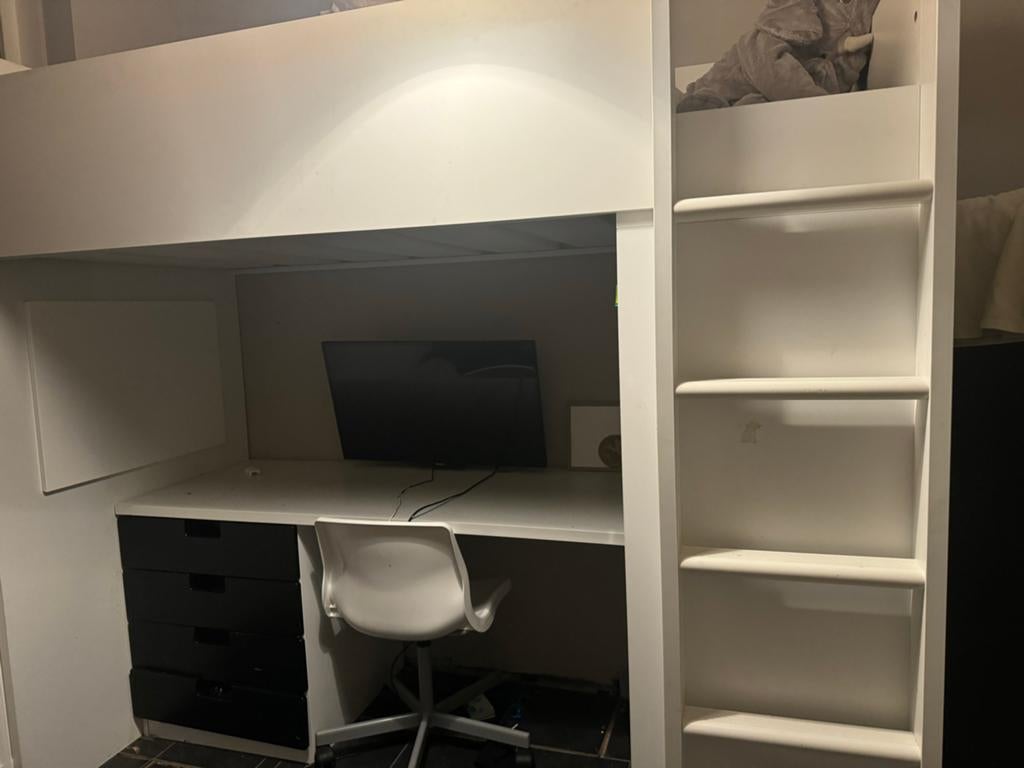 Smastad hoogslaper met bureau en lades - Wit/Zwart, Ophalen, Eenpersoons, Zo goed als nieuw, 90 cm