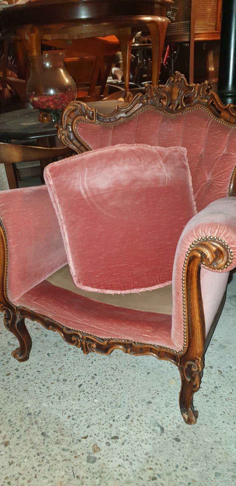 Antieke Barok Fauteuil - Roze Velours, Ophalen, Hout, Gebruikt, Barok