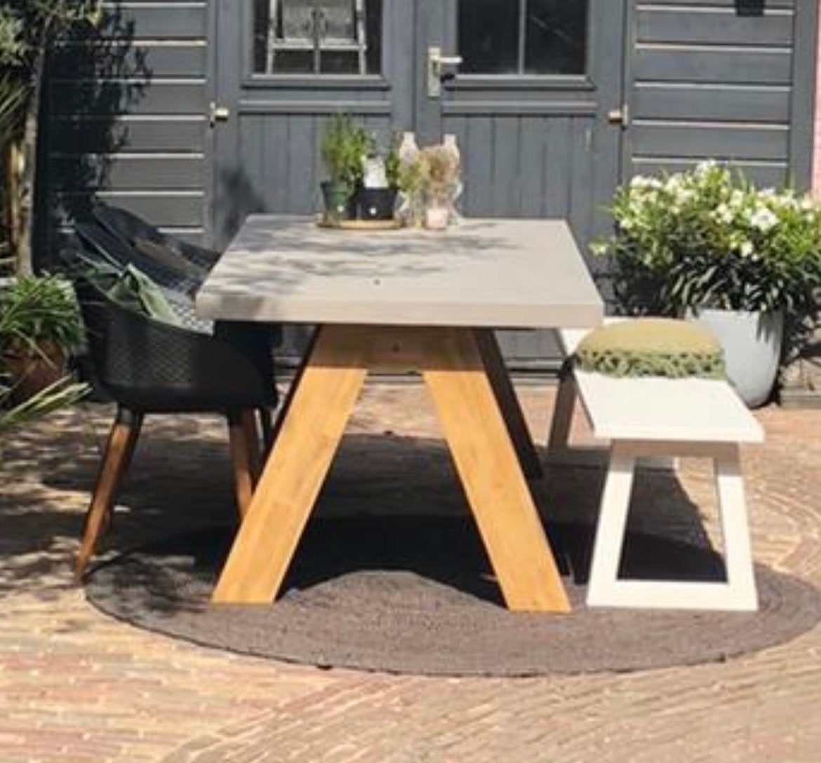 Stoere 6-persoons tuinset: betonnen tafel met vers stoelen, Tuin en Terras, Ophalen, Gebruikt, Rechthoekig, Hout