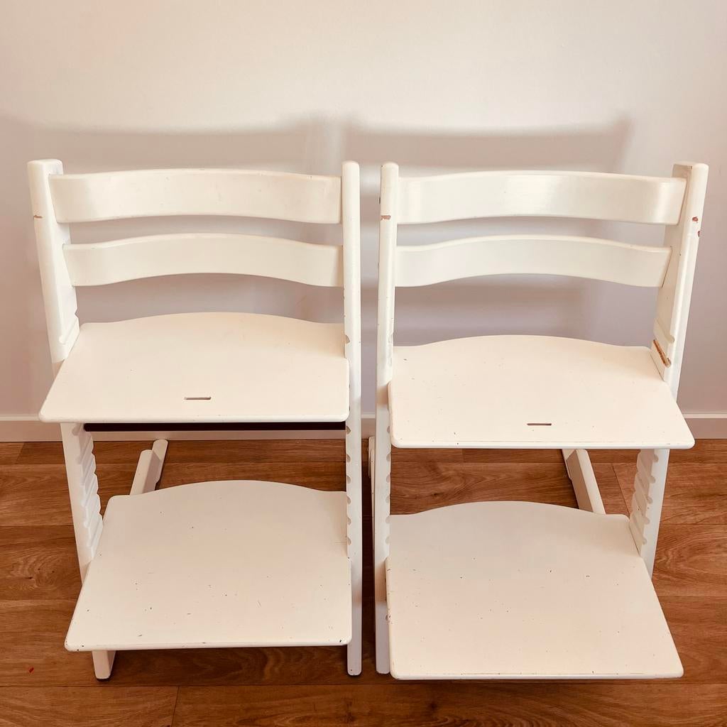 2 Stokke Tripp Trapp stoelen - Wit (samen of apart), Ophalen, Gebruikt, Meegroeistoel, Aanschuifbaar