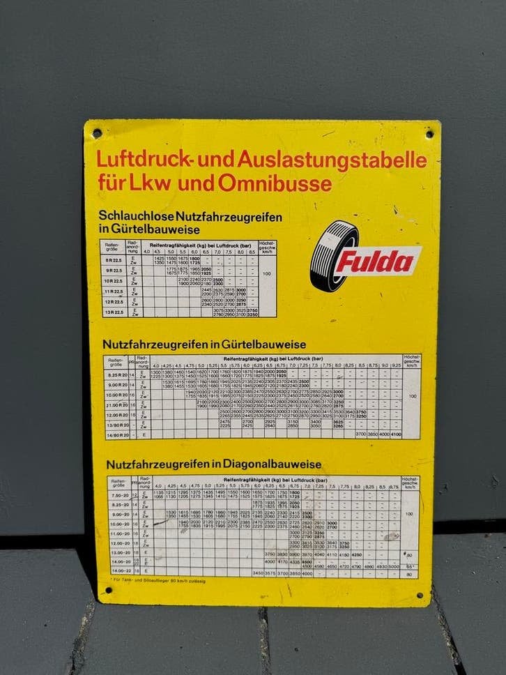 Fulda bandenspanningstabel voor vrachtwagens en bussen, Verzamelen, Merken en Reclamevoorwerpen, Reclamebord, Gebruikt, ., Ophalen of Verzenden