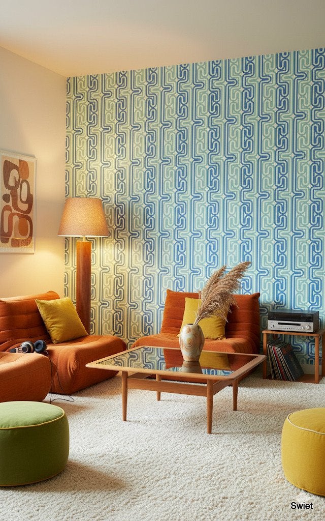 14133 turquoise retro vintage wallpaper blauw groen swiet, Ophalen of Verzenden, Blauw