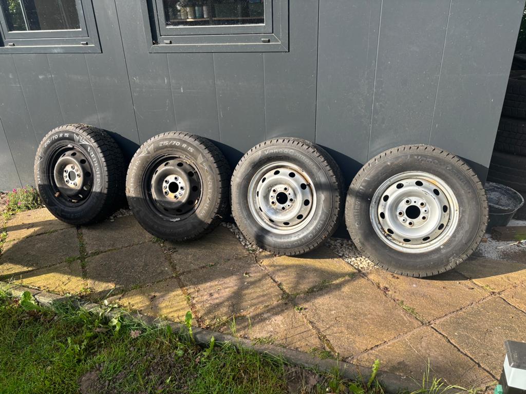 5 stuks velgen met banden van Ducato 2008 + wieldoppen, Ophalen, 15 inch, All Season, Band(en)