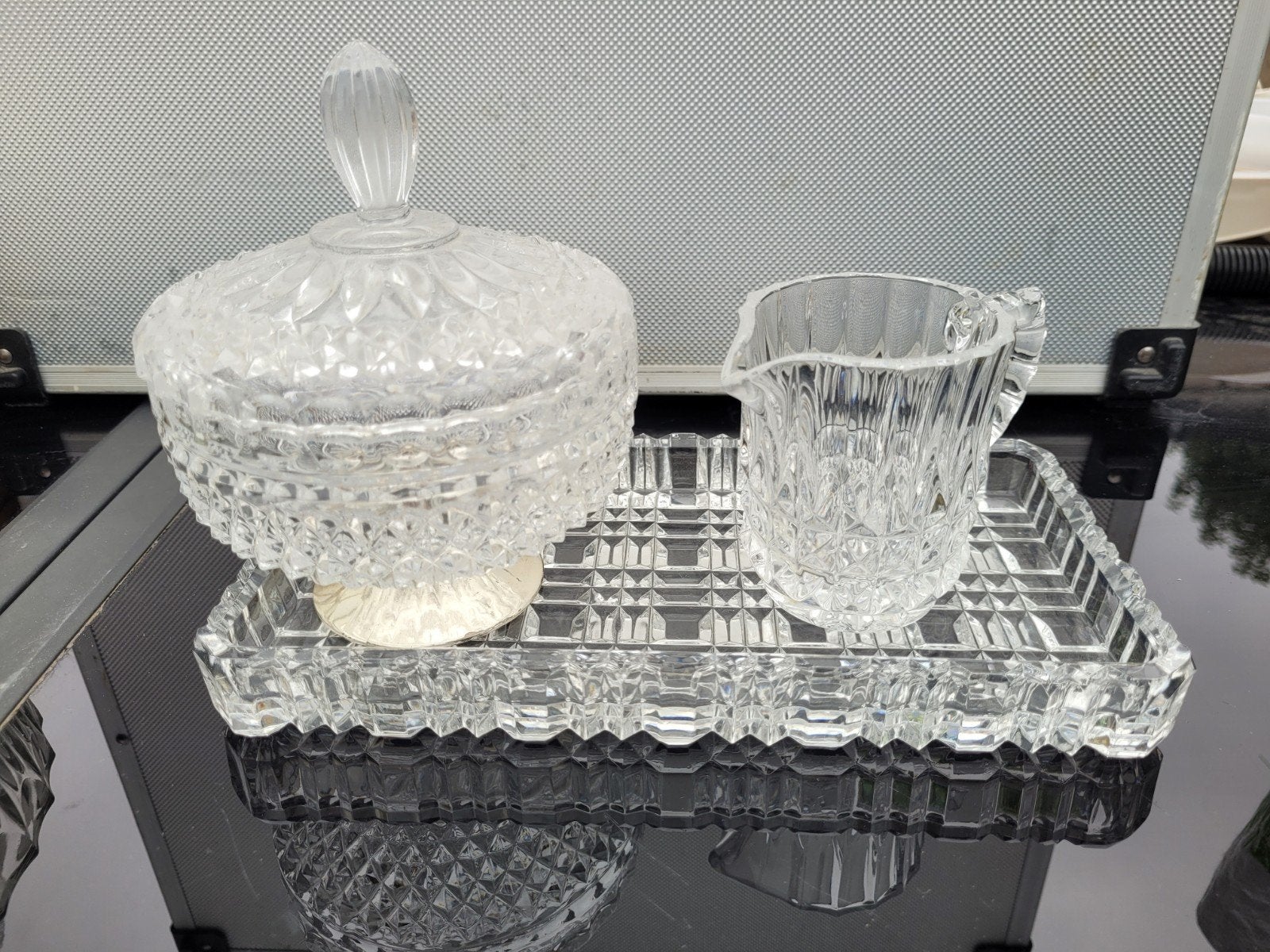 Kristallen suikerpot, melkkan en dienblad set, Antiek en Kunst, Antiek | Glas en Kristal, Ophalen