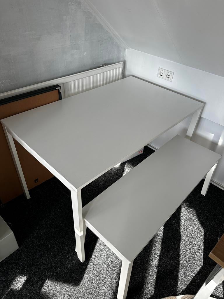 Ikea Melltorp eettafel en Sigrud bankje, Huis en Inrichting, Ophalen, Gebruikt, 100 tot 150 cm, 50 tot 100 cm