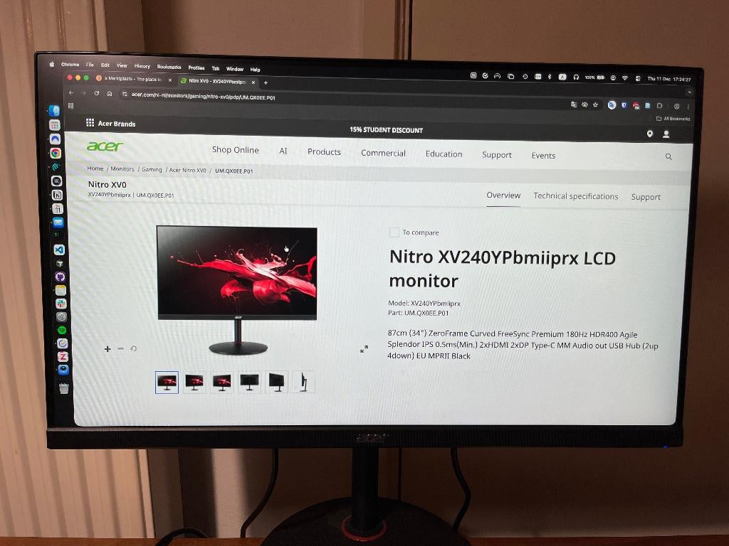 Acer Nitro 144Hz IPS LCD Gaming Monitor XV240YPBMIIPRX, IPS, 101 t/m 150 Hz, Full HD, Zo goed als nieuw