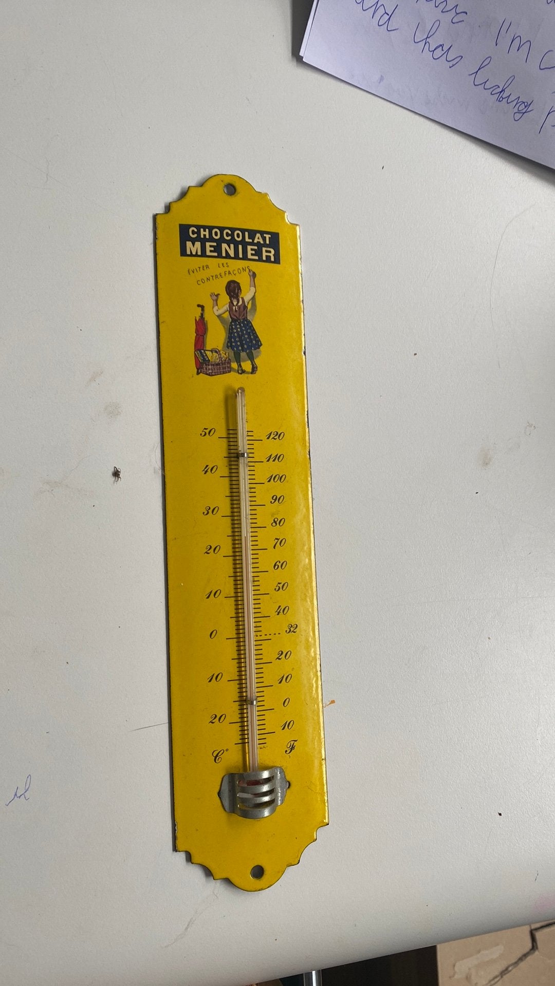 Oude emaille thermometer chocolat menier, Ophalen of Verzenden, Zo goed als nieuw, Binnenthermometer