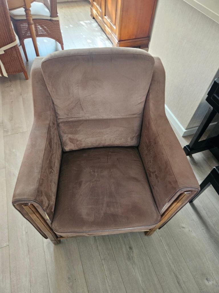 Leren 2½ zitsbank en fauteuil set - Bruin, Ophalen, Gebruikt, Klassiek, Comfortabel, 150 tot 200 cm