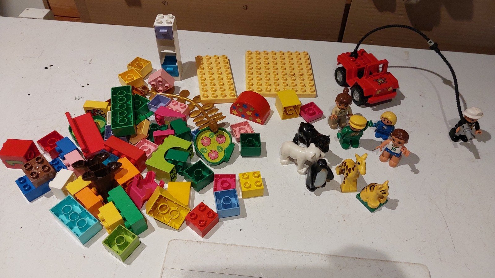 partij LEGO Duplo met auto, figuren en dieren, Gebruikt, Ophalen of Verzenden, Inclusief minifiguren, Duplo