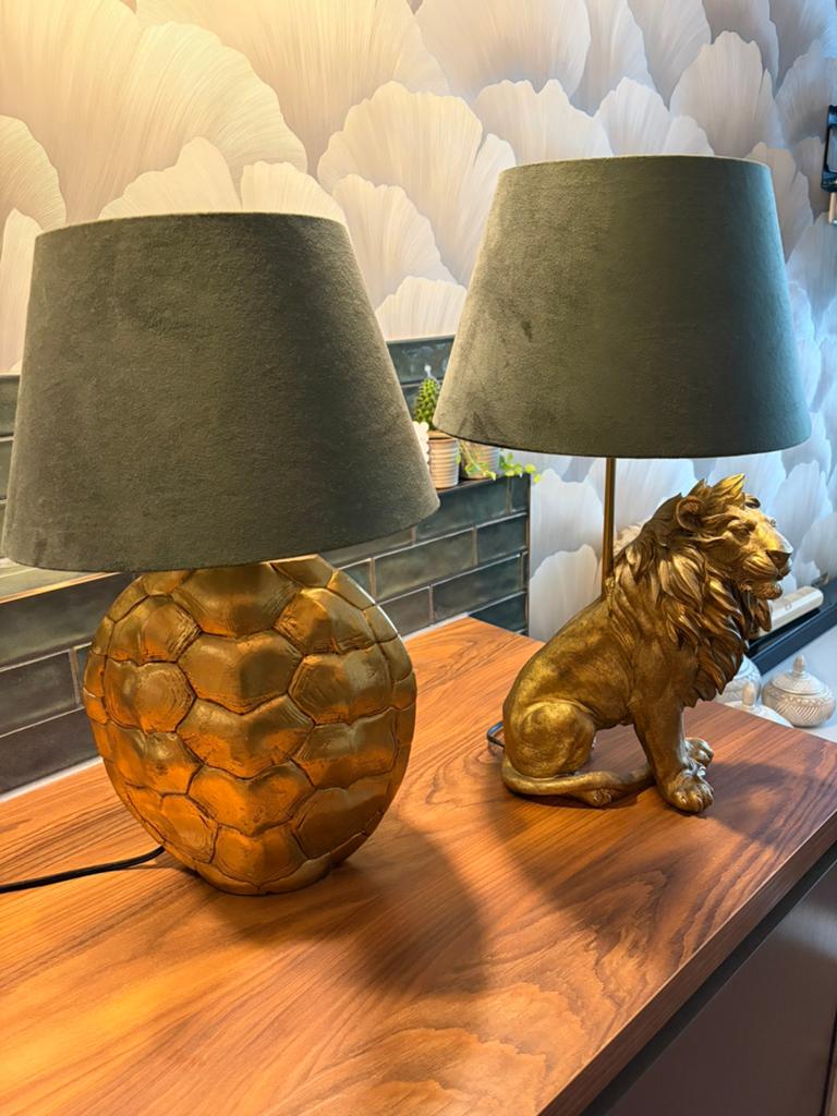 2 lampen met groene kap. Goudkleurige leeuw en schildpad, Ophalen, Zo goed als nieuw, E27 (groot)