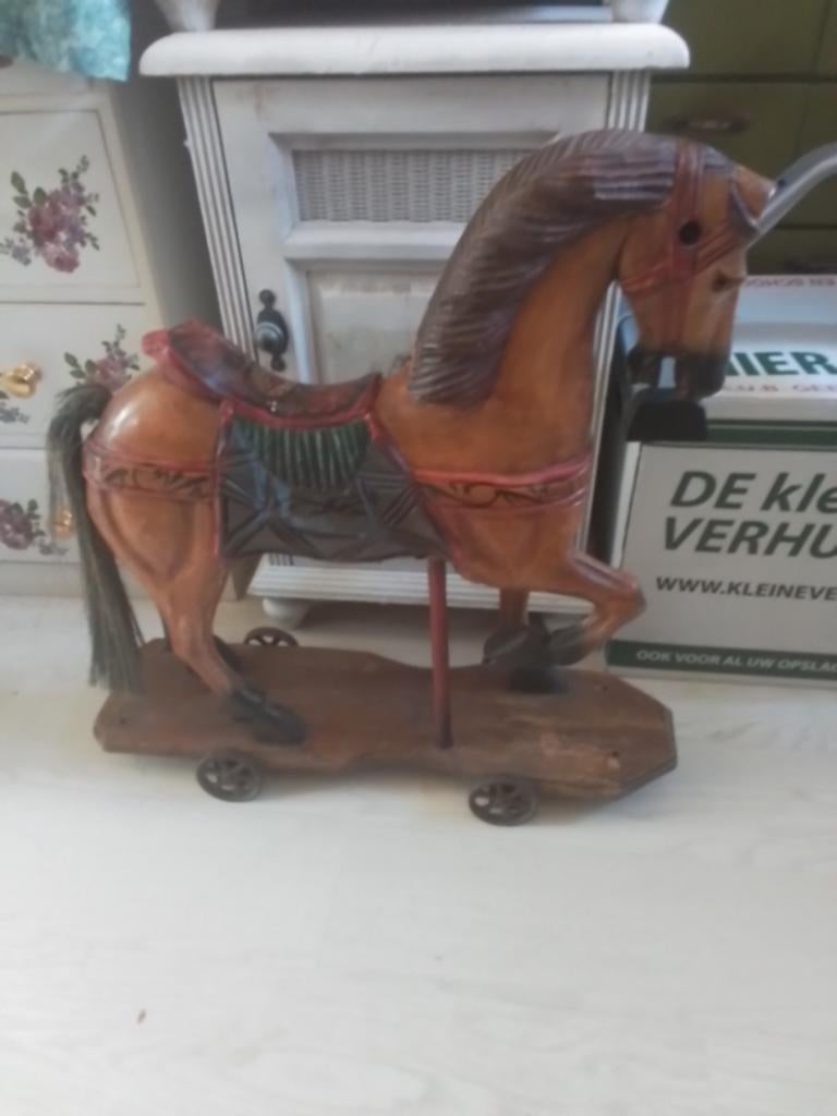 Groot Antiek Massief Houten Paard op Wielen - 60 cm, Ophalen of Verzenden