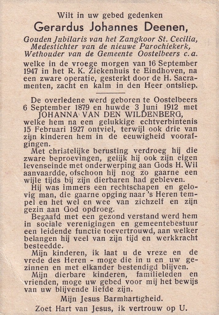Deenen Alex 1879  Oostelbeers 1947 Eindhoven, Verzamelen, Ophalen of Verzenden, Bidprentje