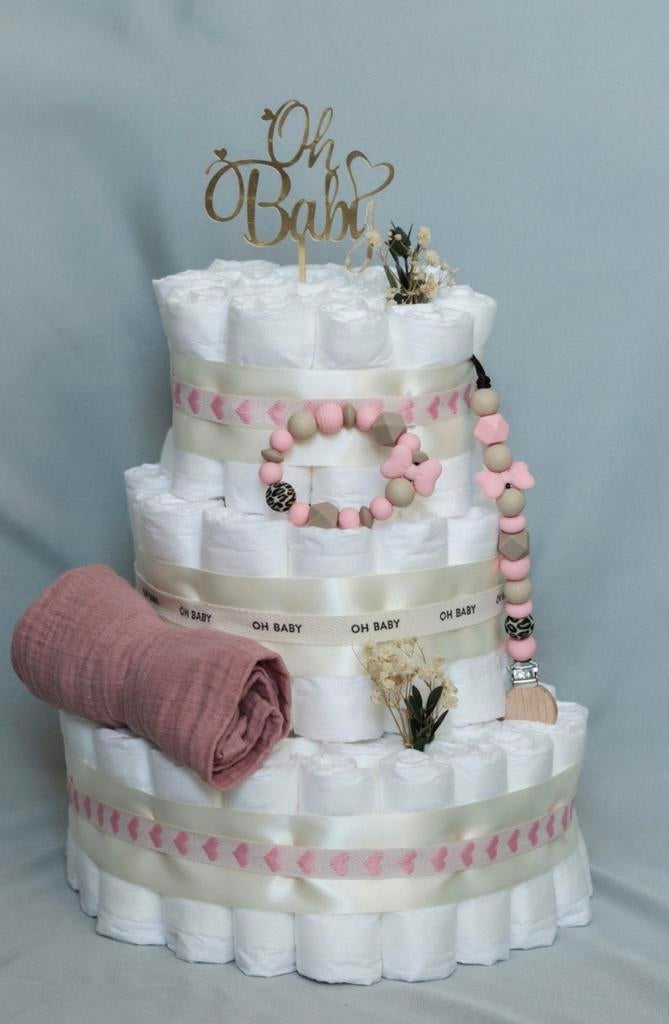 Luiertaart Roze/Beige met Speenkoord en Bijtring, Ophalen of Verzenden, Nieuw, Kraamcadeau