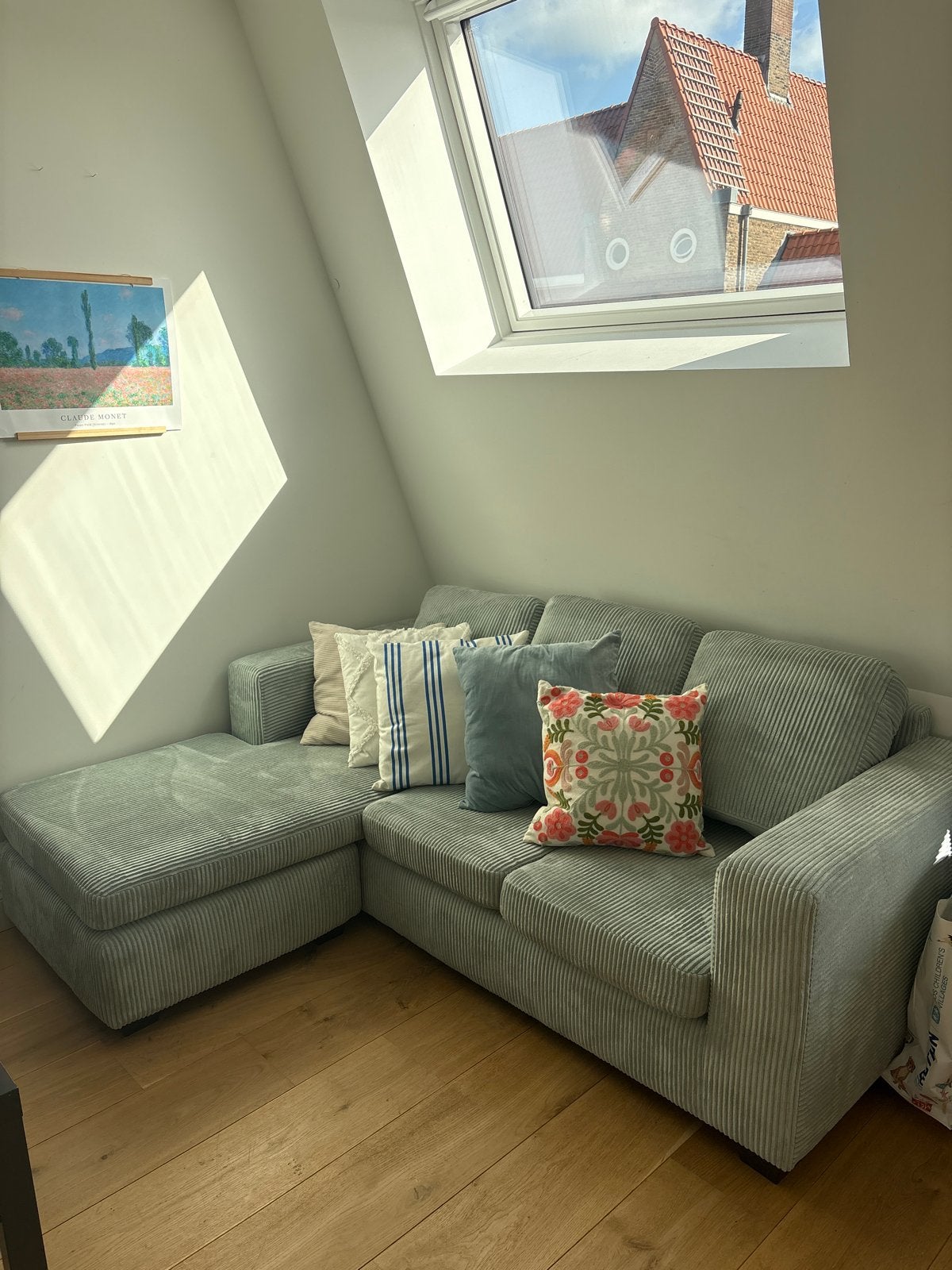 Comfortabele hoekbank met chaise longue (ribstof), Ophalen, Gebruikt, Stof