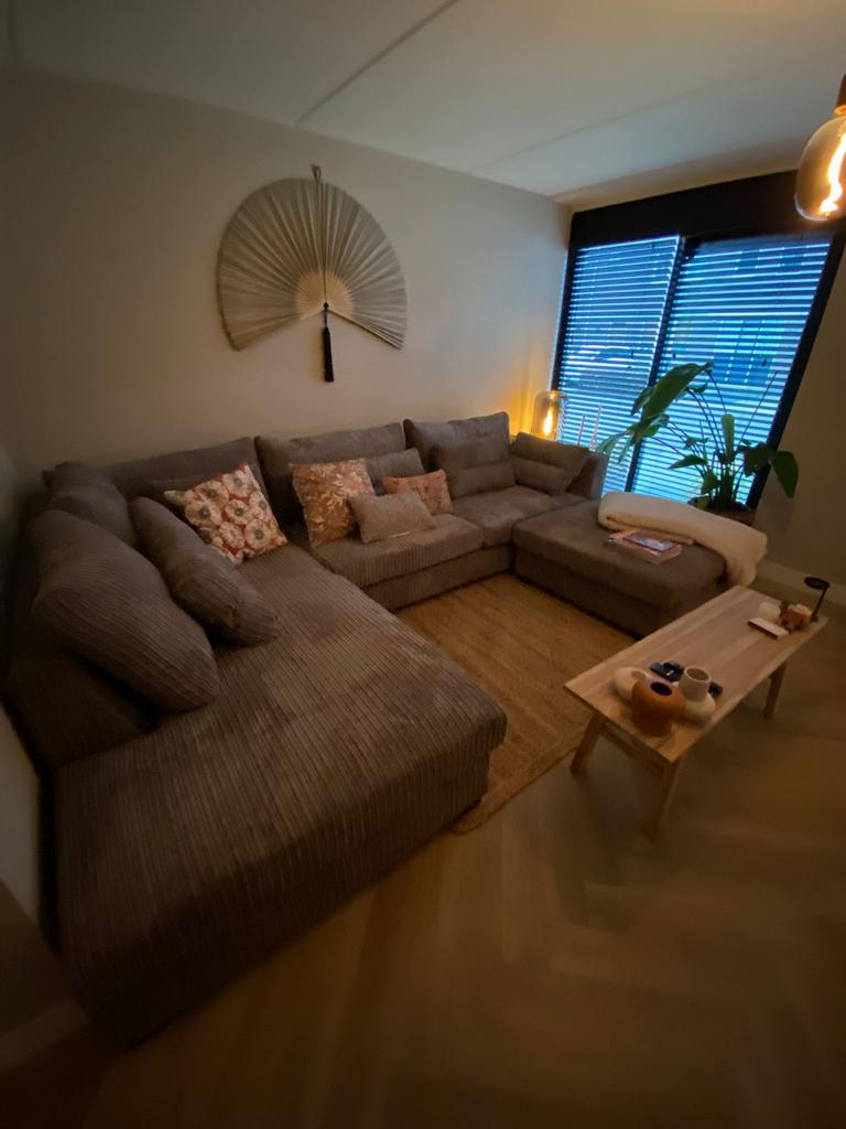 Mooie lounge bank met longchair+ hocker, Ophalen, Zo goed als nieuw, Stof