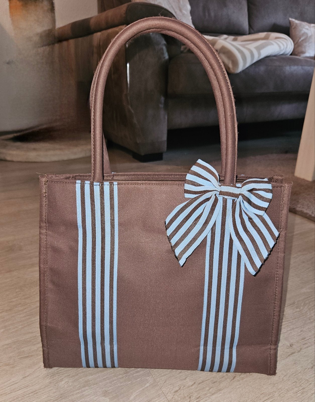 Trendy Bruine Canvas Tote Bag / Strandtas met Blauwe Strik, Ophalen, Shopper