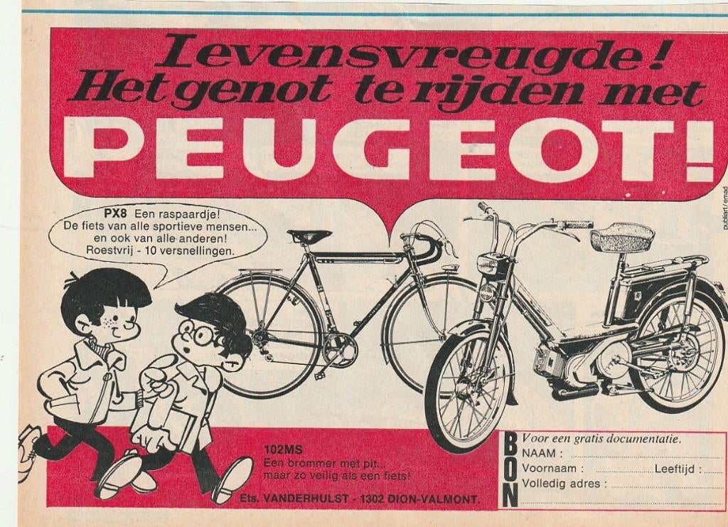 Retro reclame 1971 Peugeot brommer 102MS & PX8, Verzenden, Overige typen
