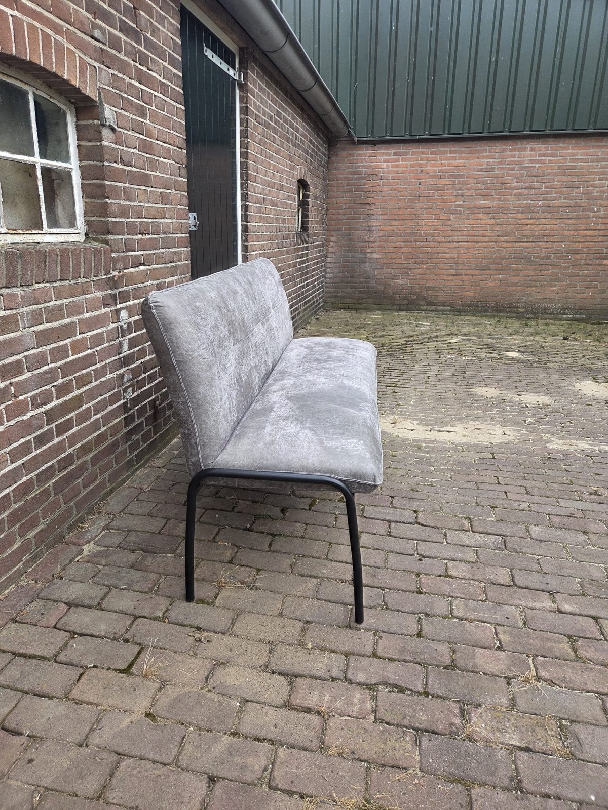 Grijze lederen eetkamerbank.165 cm breed, Ophalen, Zo goed als nieuw