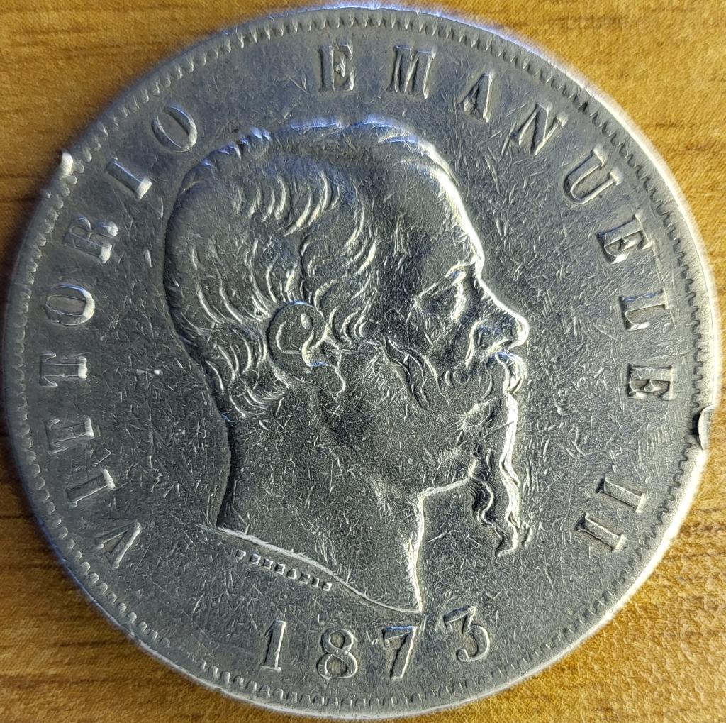Italië 5 lire 1873 Zilver .900 M BN Milaan KM#8.3 VERY FINE., Ophalen of Verzenden, Italië, Losse munt, Zilver
