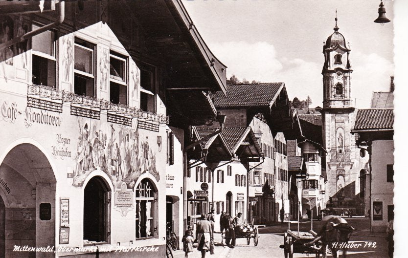 MITTENWALD,- Obermarkt mit Pfarrkircke. Ossenkar. 31-05, Ophalen of Verzenden, 1940 tot 1960, Ongelopen, Duitsland