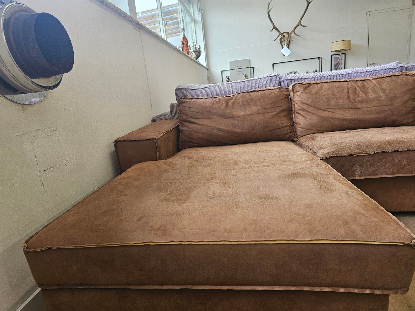 Hoekbank  - Microvezel  - Cognac, 125 cm of meer, 125 cm of meer, Zo goed als nieuw, Info@homefriesland.nl
