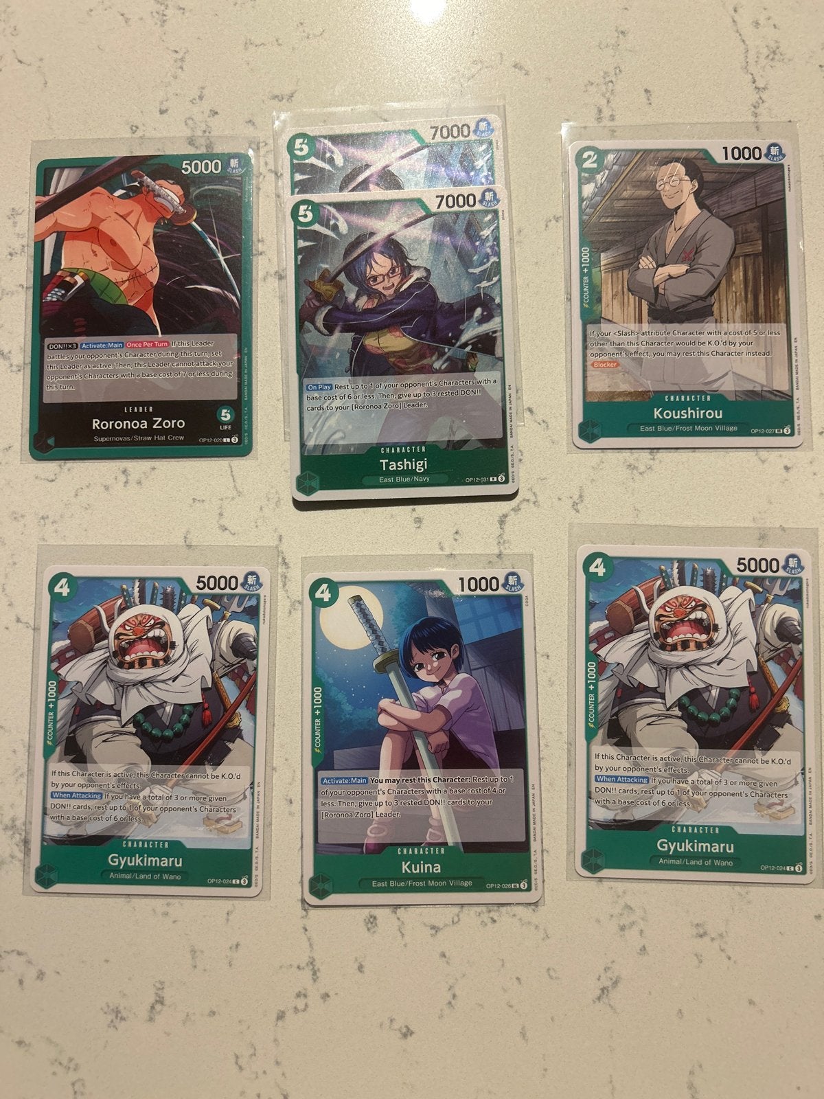 One Piece Kaarten: Roronoa Zoro, Tashigi, Koushirou, Gyukima, Verzenden, Zo goed als nieuw, Meerdere kaarten