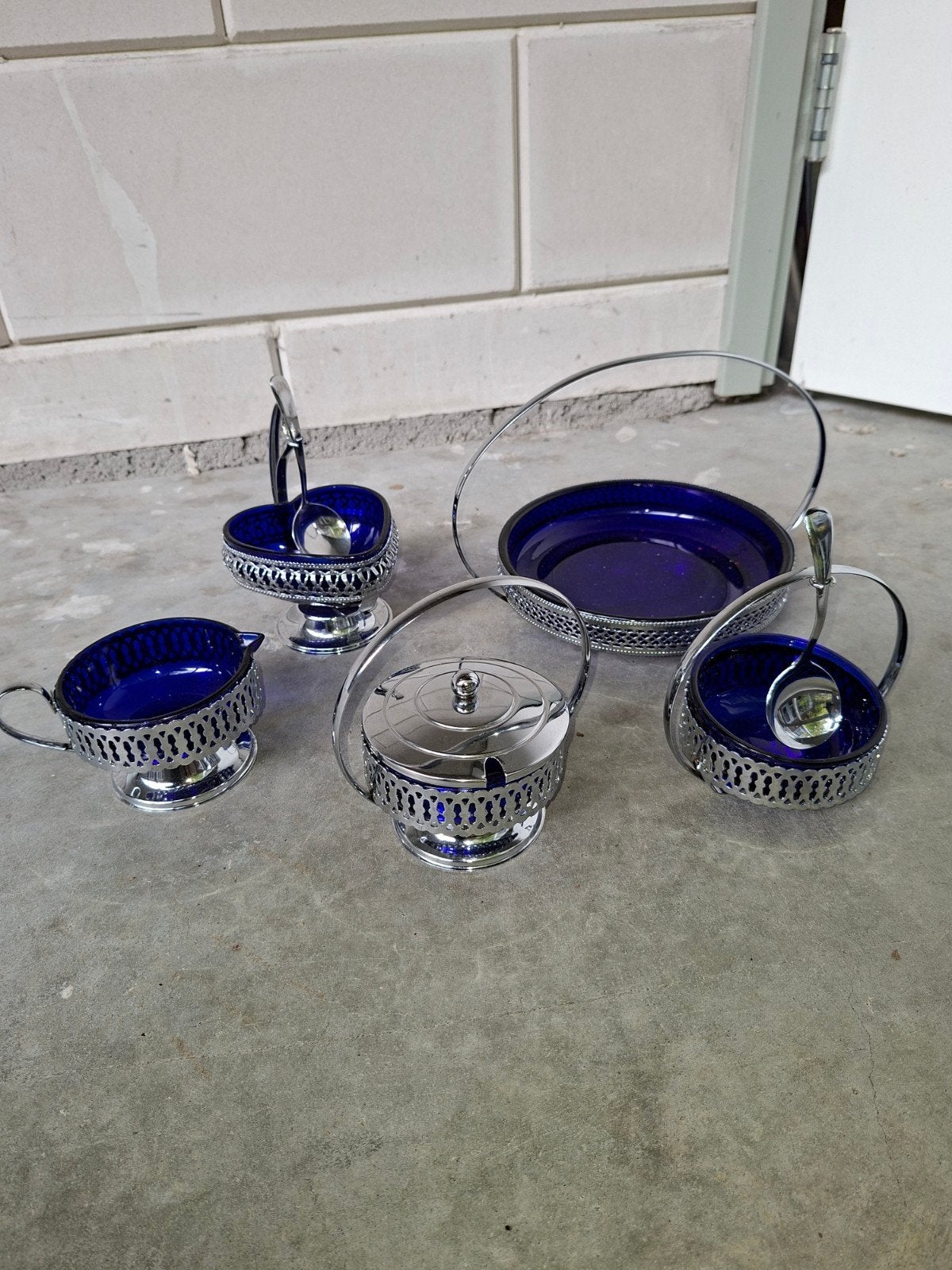 Vintage Blauw Glas en zilverkleurige Suiker- en Roomstel, Ophalen of Verzenden