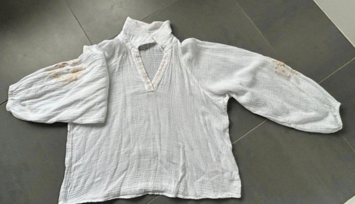 Witte blouse met palmboom borduursel - Cotton Club, Ophalen of Verzenden, Gedragen, Maat 36 (S), Wit