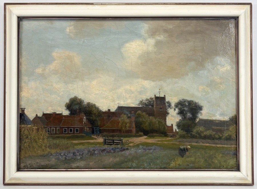 1023. Olieverf, Ids Wierdsma - Fries dorpsgezicht, 1919, Antiek en Kunst, Doek, Impressionistisch, Ophalen of Verzenden, Landschap