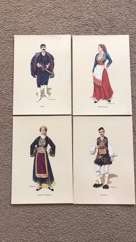 4 Prenten Grieks Klederdracht, Ophalen of Verzenden, Voor 1940, Zo goed als nieuw