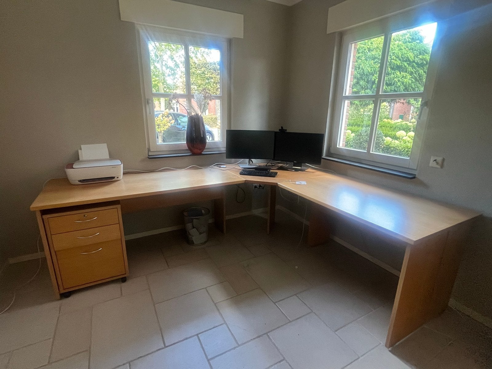 Hoekbureau beukenhout - 3 delen, 80 diep, 75 hoog, Ophalen, Gebruikt, Hout, Hoekbureau