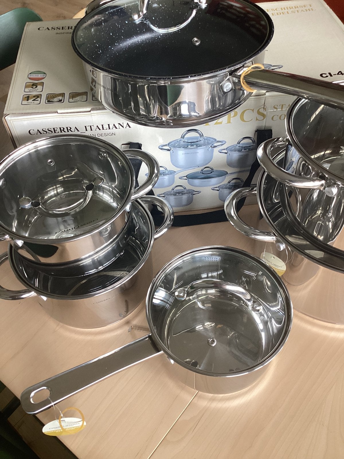 Italiana luxe pannen set 12 delig rvs voor gas en inductie, Huis en Inrichting, Ophalen of Verzenden, Nieuw, Rvs, Pannenset