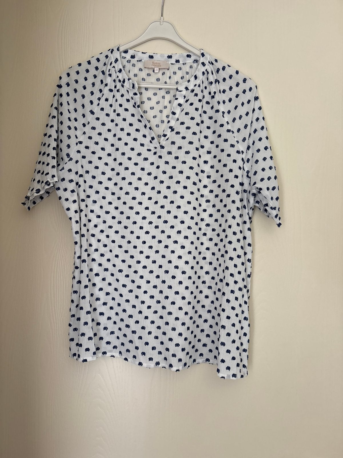 Signe Nature Blouse met korte mouwen en stippen, Wit, Maat 46/48 (XL) of groter, Ophalen of Verzenden, Zo goed als nieuw