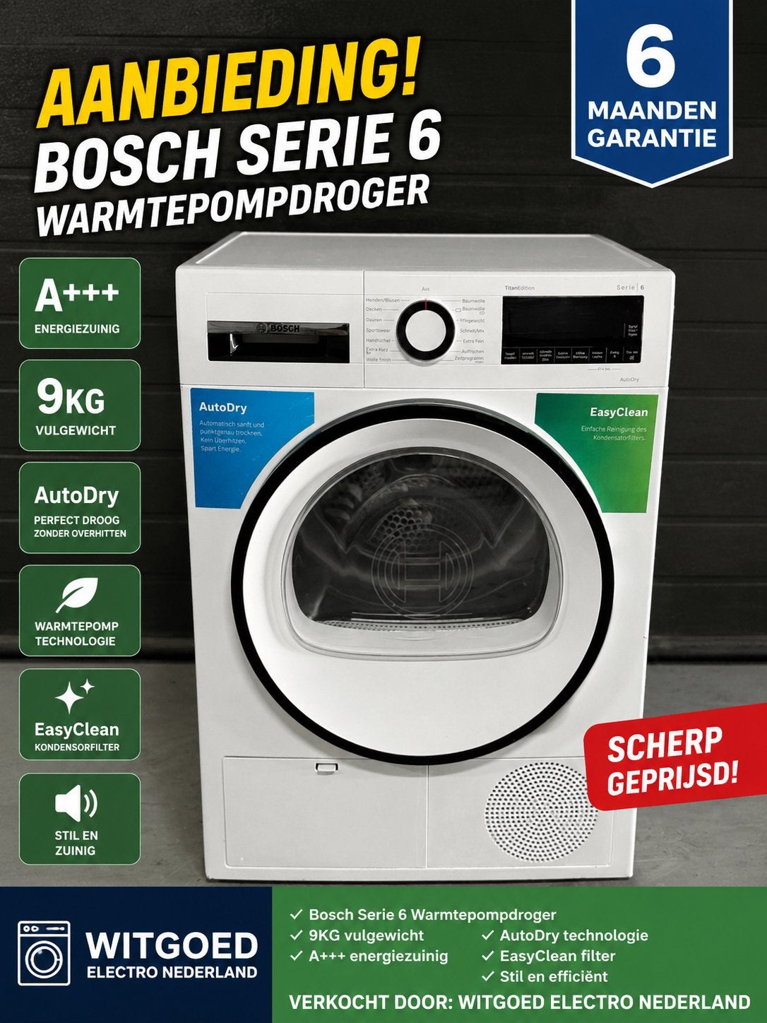 BOSCH SERIE 6 9KG A+++ TITAN EDITION WARMTEPOMP DROGER ZGAN!, Witgoed en Apparatuur, Wasdrogers, Minder dan 85 cm, Overige typen
