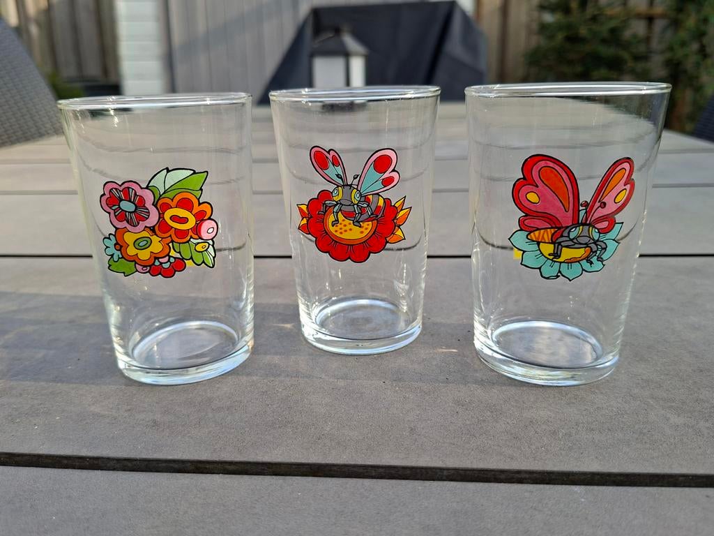 Vintage Fanta glazen met bloemen en insecten (set van 3), Ophalen of Verzenden
