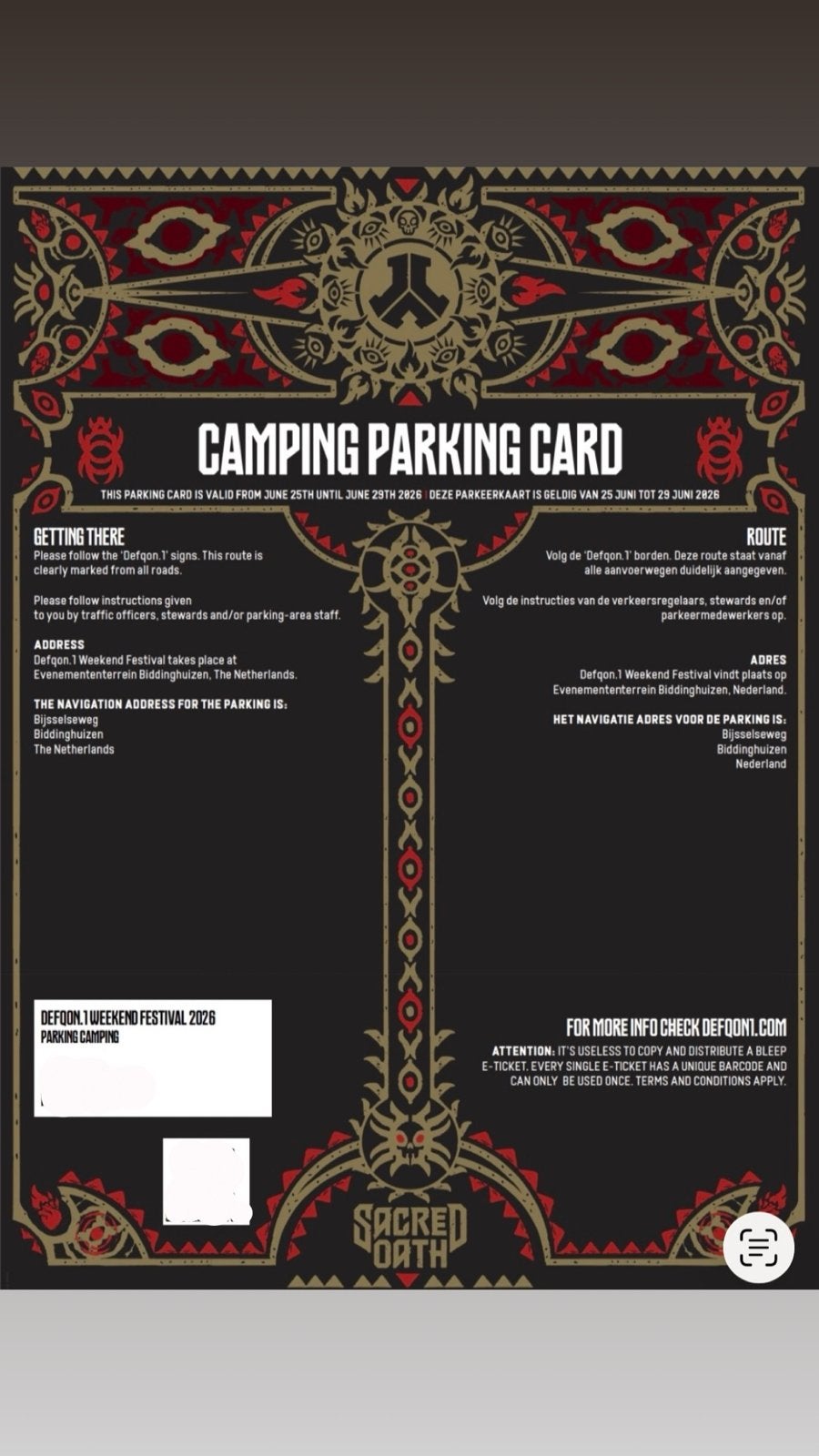 Defqon parking ticket, Tickets en Kaartjes, Evenementen en Festivals, Eén persoon