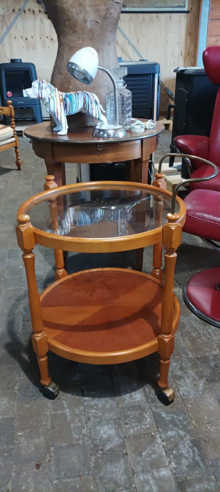 Vintage serveer tafeltje met geslepen glas, Ophalen of Verzenden, Gebruikt, Rond, Vintage