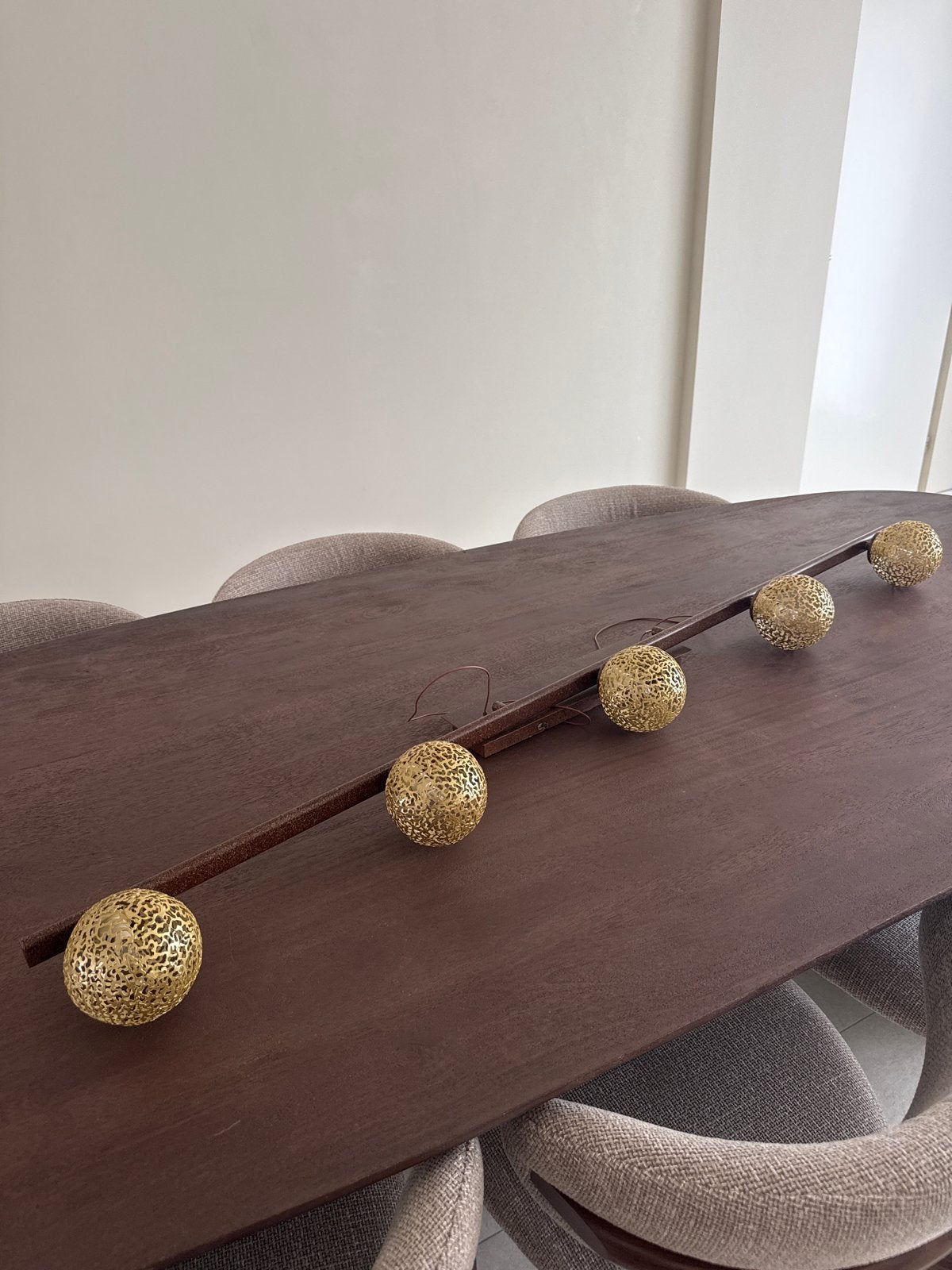 Hanglamp met 5 Gouden Bollen 130 cm, Ophalen, Zo goed als nieuw, Metaal, Overige fittingen